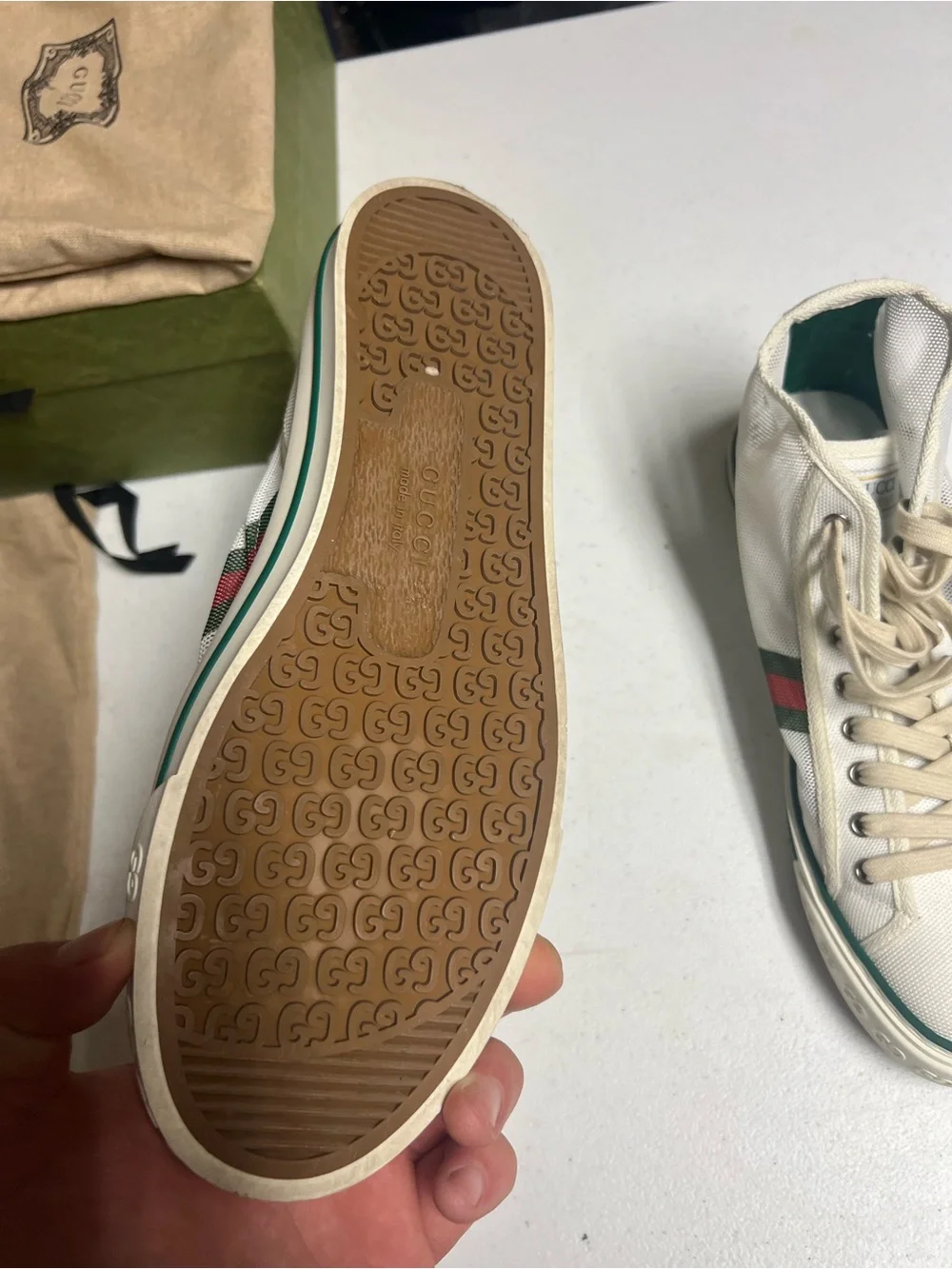 Gucci Men’s Cream High-Top Sneakers with Green & Red Web Stripe